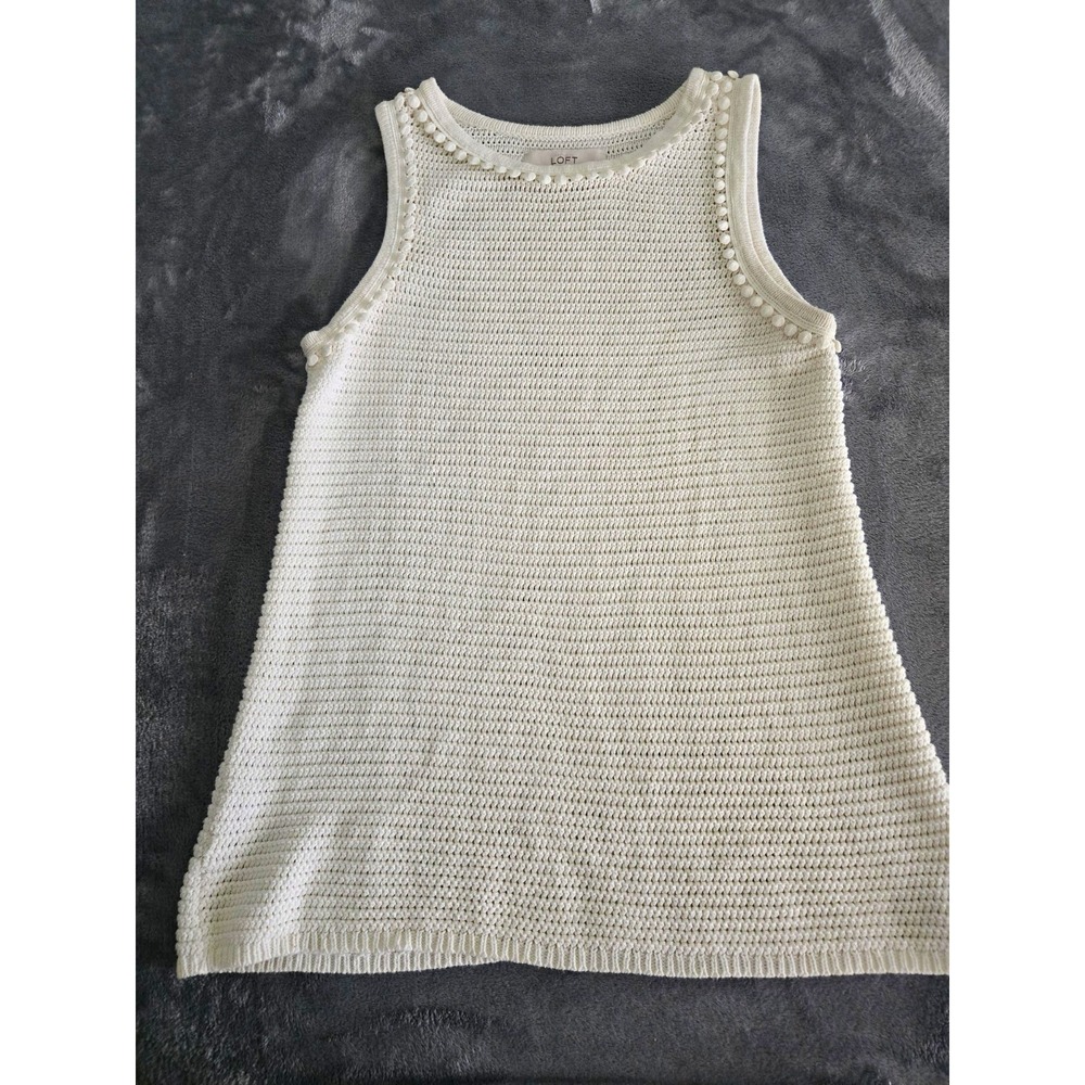 LOFT Women's S Ivory Knit Sleeveless Round Neck Tank Garter Open Stitch Pom Poms